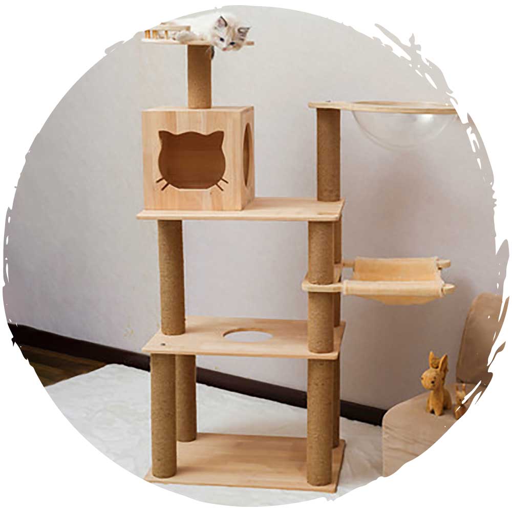 橡木清爽通風清涼實木劍麻柱貓爬架 (太空艙5層款｜135cm)