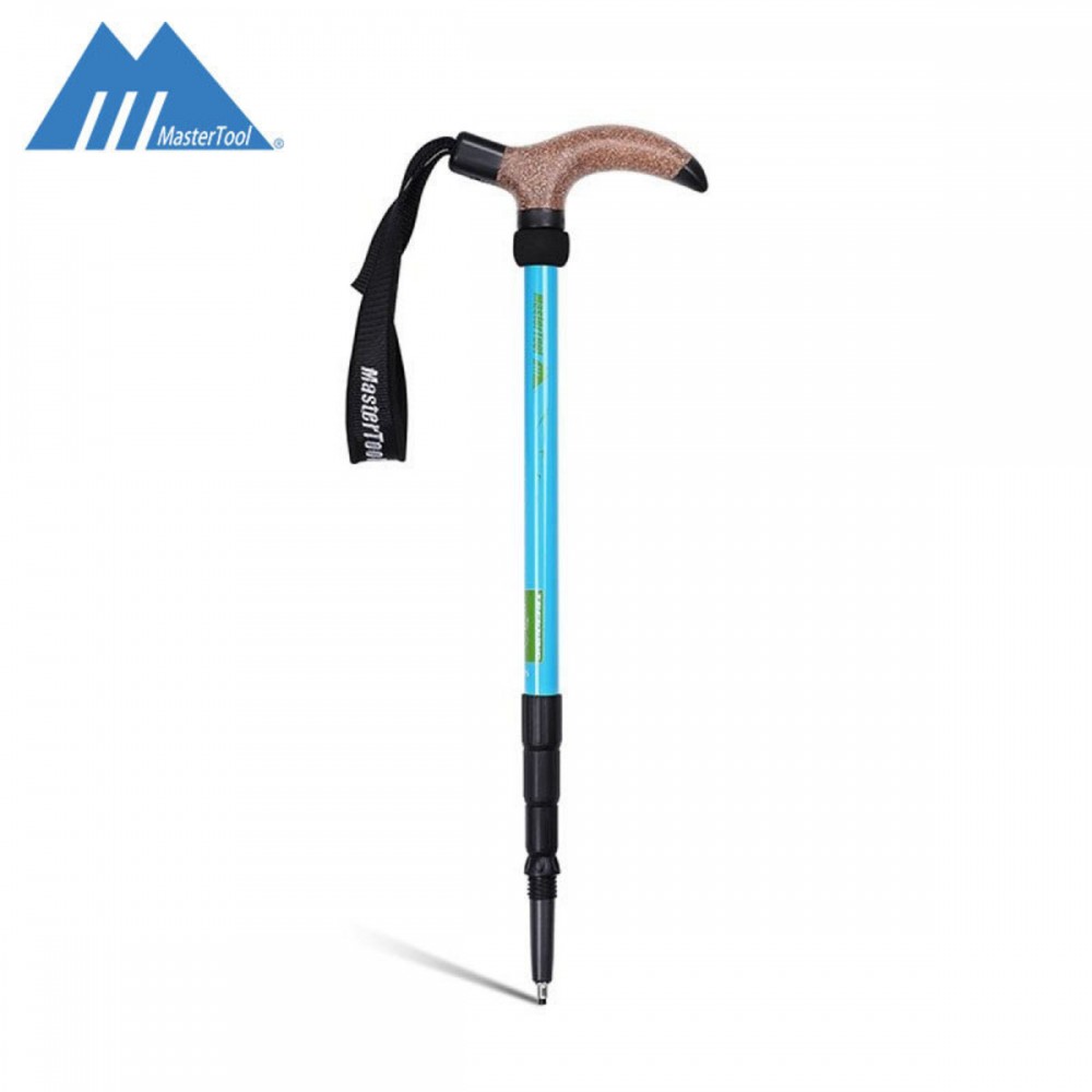 MasterTool-戶外登山杖多功能爬山徒步手杖，航空7075超輕鋁合金行山杖（帶避震），戶外登山杖，超輕超短T柄，收縮後49cm長 - 藍色