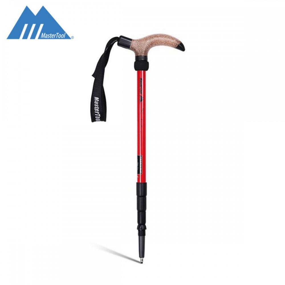 MasterTool-航空7075鋁合金行山杖（帶避震），戶外登山杖，超輕超短T柄，收縮後49cm長 - 紅色