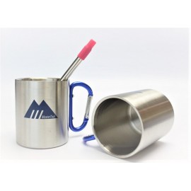 MasterTool-雙層不銹鋼杯300ml，不銹鋼杯-連藍色登山扣，耐高溫咖啡杯，家用防摔水杯。戶外便攜杯子