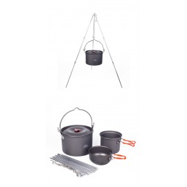 MasterTool -單人露營煮食鍋，戶外露營鍋+碗套裝(1套2件），輕量火鍋套裝鍋，非常適合背包旅行，戶外露營，徒步各野餐。手柄可折疊，野炊餐具。送收納袋