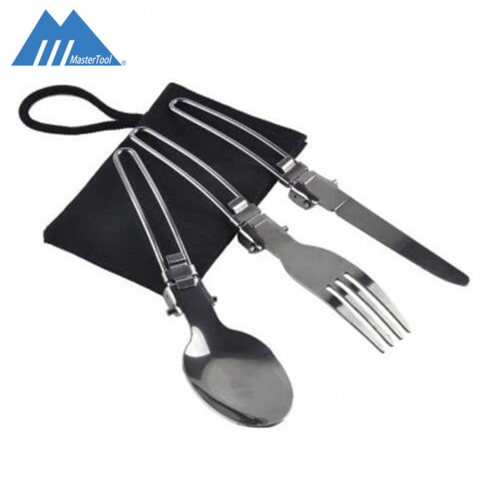 MasterTool- 多功能便攜式不銹鋼折疊3件套餐具（刀勺叉各1pc)，戶外野營野餐用具，旅行餐具套裝