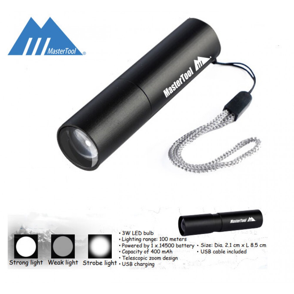 MasterTool-迷你USB充電強光手電筒-黑色,可伸縮變焦口袋充電手電筒,100流明 微型迷你手電筒 便攜迷你手電筒 IP44防水 MasterTool-迷你USB充電強光手電筒-黑色,可伸縮變焦口袋充電手電筒,100流明 微型迷你手電筒 便攜迷你手電筒 IP44防水