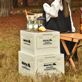 MasterTool-戶外露營折疊收納箱連透明收納蓋 30L 野營零食 車載後備箱 家用置物箱 儲物箱 側開整理箱子 小茶几枱 卡其色