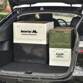 MasterTool-戶外露營折疊收納箱連透明收納蓋 30L 野營零食 車載後備箱 家用置物箱 儲物箱 側開整理箱子 小茶几枱 卡其色