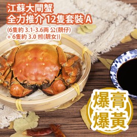 江蘇大閘蟹 全力推介 12隻套裝 A   (6隻約 3.1-3.6両 公(靚仔) + 6隻約 3.0 乸(靚女)) Chinese Hairy Crab 12 bundle set A (Approx. 3.1-3.6 tael Male x 6pcs + 3.0 tael Female x 6pcs)
