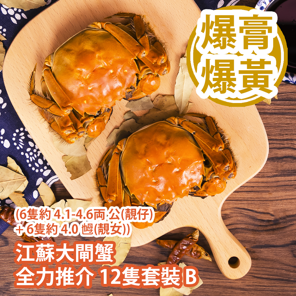 江蘇大閘蟹 全力推介 12隻套裝 B (6隻約 4.1-4.6両 公(靚仔) + 6隻約 4.0 乸(靚女)) Chinese Hairy Crab 12 bundle set B (Approx. 4.1-4.6 tael Male x 6pcs + 4.0 tael Female x 6pcs)