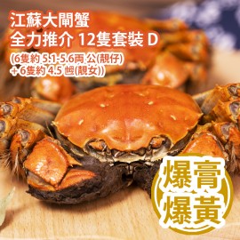 江蘇大閘蟹 全力推介 12隻套裝 D (6隻約 5.1-5.6両 公(靚仔) + 6隻約 4.5 乸(靚女)) Chinese Hairy Crab 12 bundle set D (Approx. 5.1-5.6 tael Male x 6pcs + 4.5 tael Female x 6pcs)