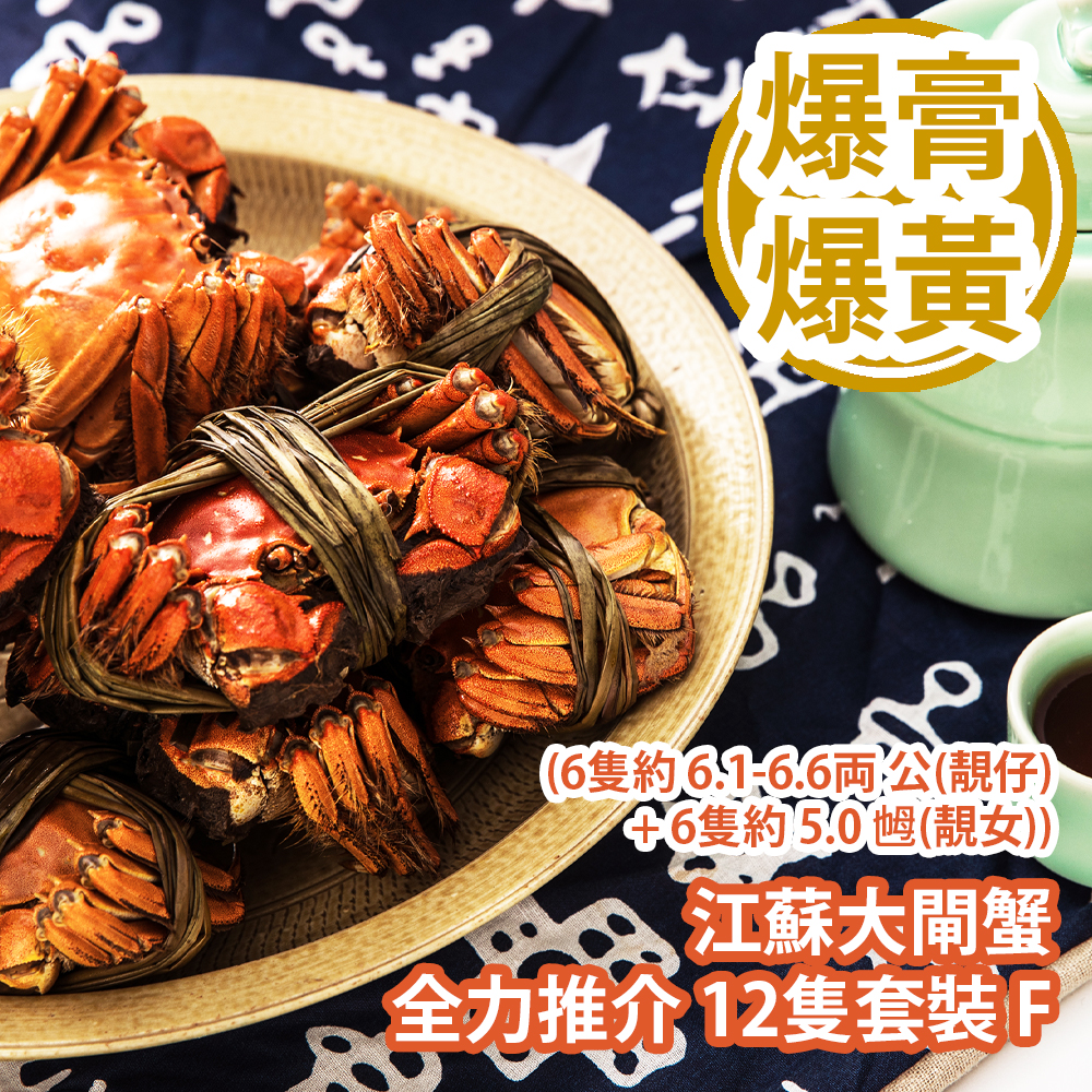 江蘇大閘蟹 全力推介 12隻套裝 F (6隻約 6.1-6.6両 公(靚仔) + 6隻約 5.0 乸(靚女)) Chinese Hairy Crab 12 bundle set F (Approx. 6.1-6.6 tael Male x 6pcs + 5.0 tael Female x 6pcs)