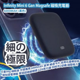 Infinity Mini 6 Gan Magsafe 磁吸充電器 6000MAH (黑色) INMINIBK 只重99g 極輕身設計 方便攜帶 6000mAh 激薄 細體積設計 細過卡片 採用石墨稀技術增加導電傳輸 實現超極細體積 GaN氮化鎵 體積細散熱好 同時充2部機 極限吸力 香港行貨  Infinity Mini 6 Gan Magsafe Powerbank 6000MAH (Black) INMINIBK HK Authorized Goods