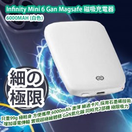 Infinity Mini 6 Gan Magsafe 磁吸充電器 6000MAH (白色) INMINIWE 只重99g 極輕身設計 方便攜帶 6000mAh 激薄 細體積設計 細過卡片 採用石墨稀技術增加導電傳輸 實現超極細體積 GaN氮化鎵 體積細散熱好 同時充2部機 極限吸力 香港行貨  Infinity Mini 6 Gan Magsafe Powerbank 6000MAH (White) INMINIWE HK Authorized Goods