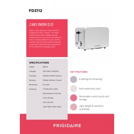 Frigidaire FD3112 不銹鋼多士爐 (2片) 不銹鋼機身 翻熱及解凍功能 易拉式麵包屑盛載盤 6段烘焗程度選擇 原裝行貨 Frigidaire FD3112 2-slice Toaster Authorized Goods