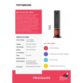 Frigidaire FDTH8010D 66cm 陶瓷塔式暖爐 它是風格與功能的完美融合 配備 2 種加熱功率設定 可根據您的需求提供量身訂製的溫暖 過熱保護和翻倒開關 安全又高效 溫度範圍15-45°C 確保熱量分佈均勻 其獨特的火焰效果增添了美感 香港原裝行貨  Frigidaire  FDTH8010D 66cm Ceramic Tower Heater HK Authorized Goods