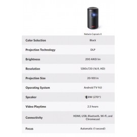 Anker 安克 Nebula Capsule 2 汽水罐易攜式微型智能投影機 D2421V11 被稱為世界上第一個Android TV Pocket Cinema 1秒自動對焦 100英寸的屏幕尺寸 200 ANSI流明 720p分辨率 Android TV 9.0 香港行貨  Anker Nebula Capsule 2 Mini Portable Projector (Black) D2421V11 HK Authorized Goods